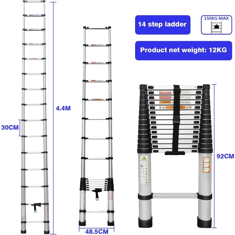 Aluminum Telescoping Ladder, 14.4FT 4.4M, 330lbs Max Capacity, Non-Slip, Portable, Silver