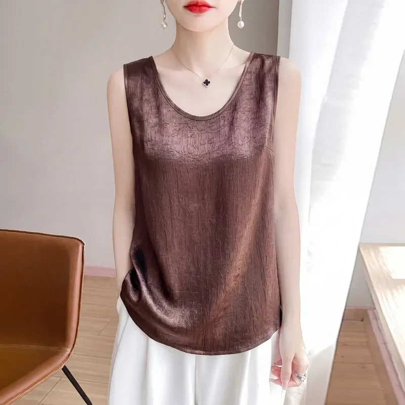 Brown Crinkled Silk Like Sleeveless Tank Top for Women Casual Summer Wear Loose Fit Regular Length Solid Color Basic Vest