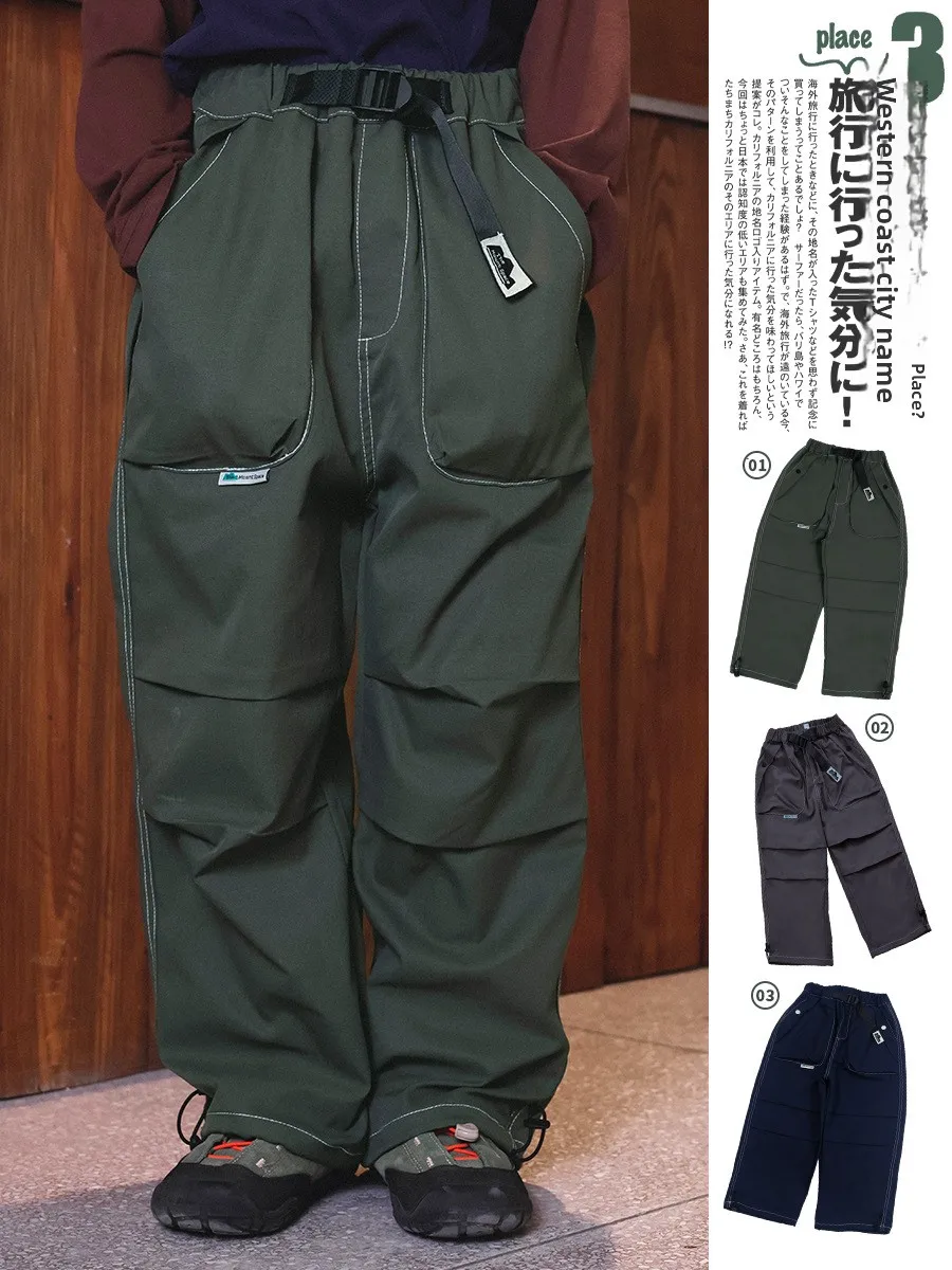 Facec Boys Outdoor Sports Pants Spring Autumn Corduroy Straight Leg Trousers Middle And Large Children Drawstring Casual Pants