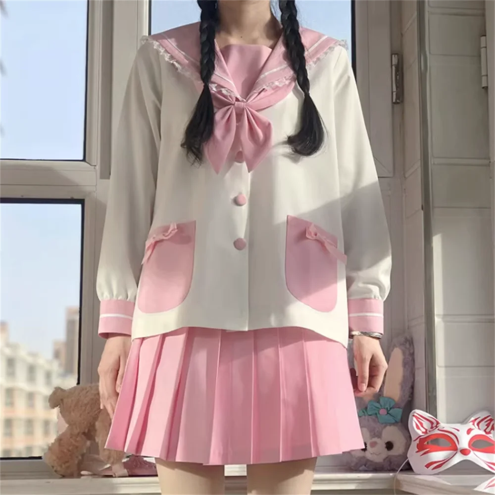 Kindergarten JK Uniform Student Long Sleeve Loose Fall Pink Rabbit Ear Top Short Skirt Lolita Set