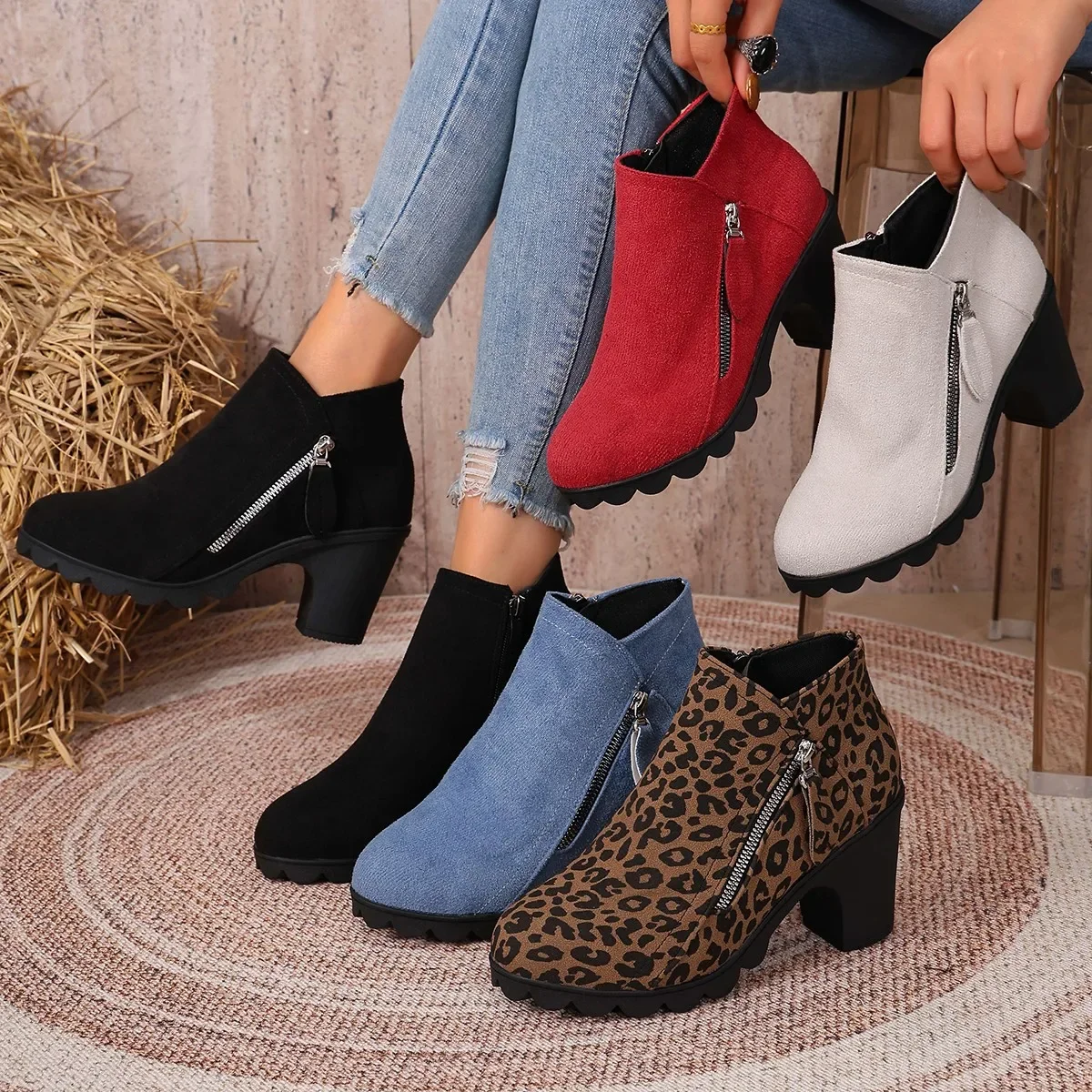 Women Single Boots New Mid-heel Pointed Cow Suede Leopard Fashion Boots Fashion Temperament Increase Short Boots Shoes for Women