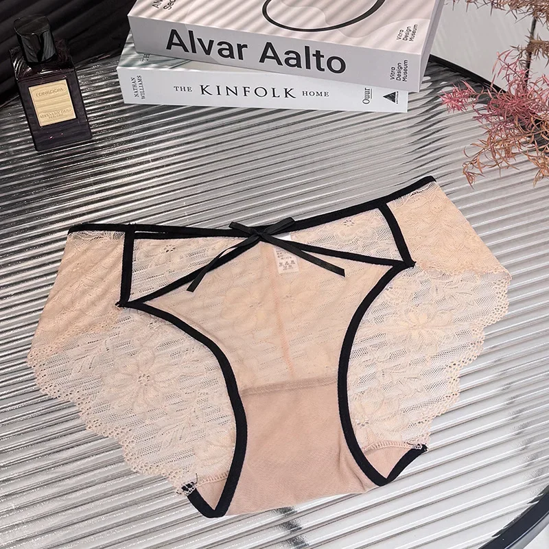 SP & CITY-ropa interior Sexy con lazo de encaje y bordado de flores para mujer, bragas caladas de malla de cintura baja, bragas transpirables con entrepierna de algodón suave