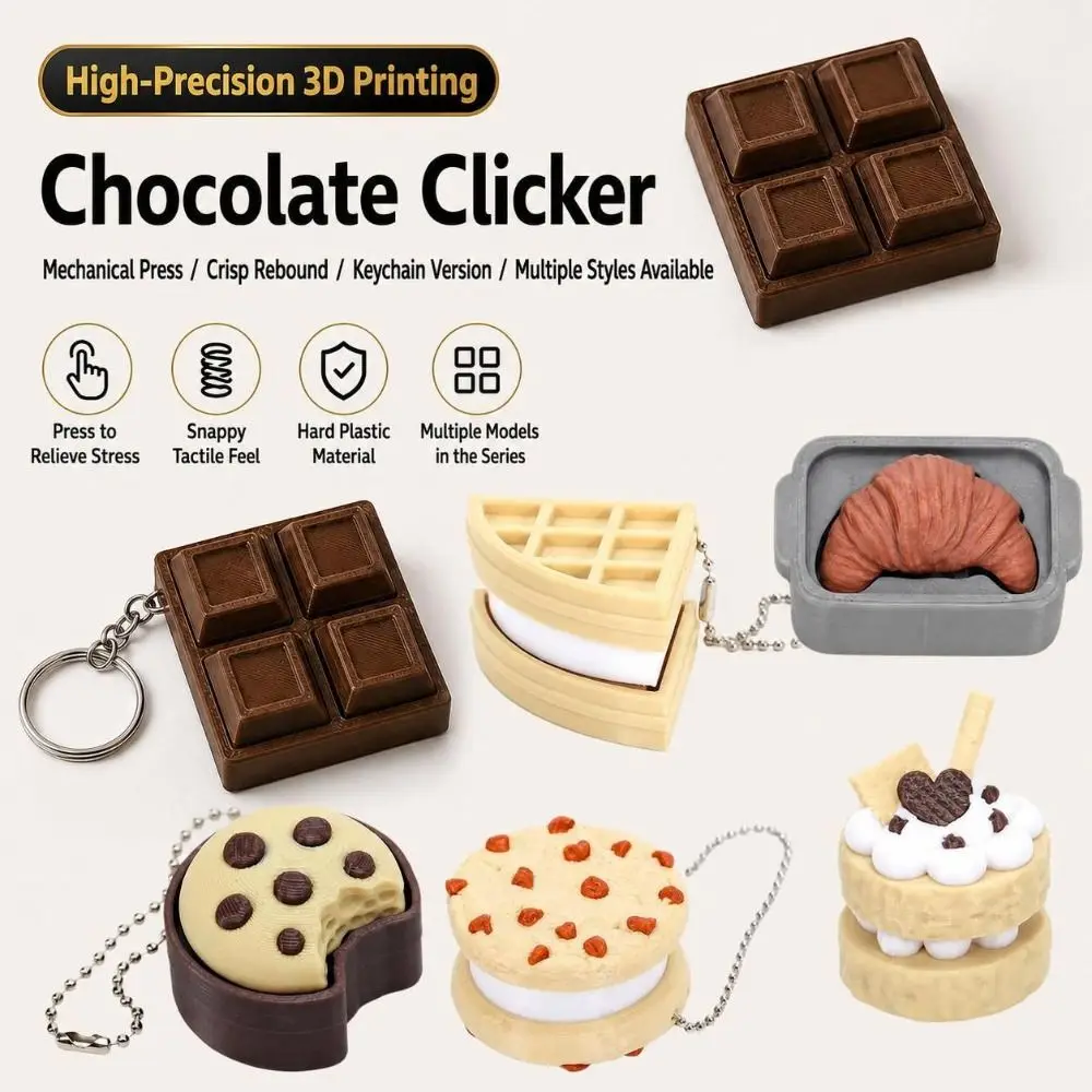 Cheese Chocolate Bread 3D Printed Clicker Plastic Pressable Food Fidget Realistic Food Tactile Feedback Cake Clicker