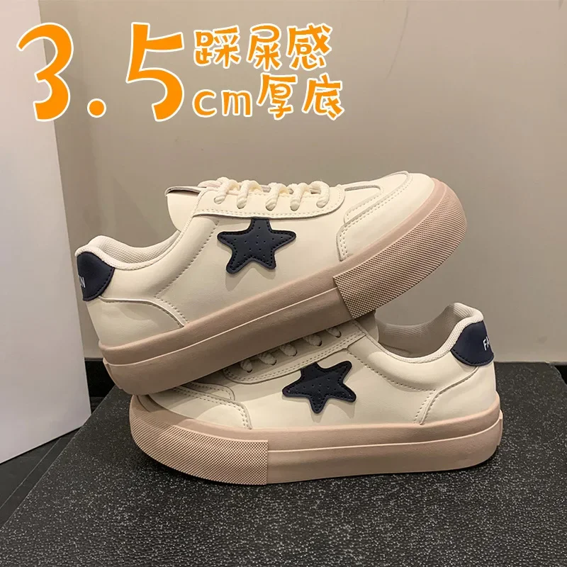 Women White Vulcanized Shoes Spring Autumn Fashion Star Lace Up Flats Tennis Sports Shoes Female Casual Platform Sneakers