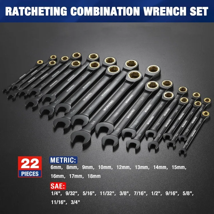 22-Piece Ratcheting Wrench Set, Anti-slip Teeth,Ratchet Combination Wrench Sets with Organizer Box, Metric 6-18mm & SAE 1/4-3/4