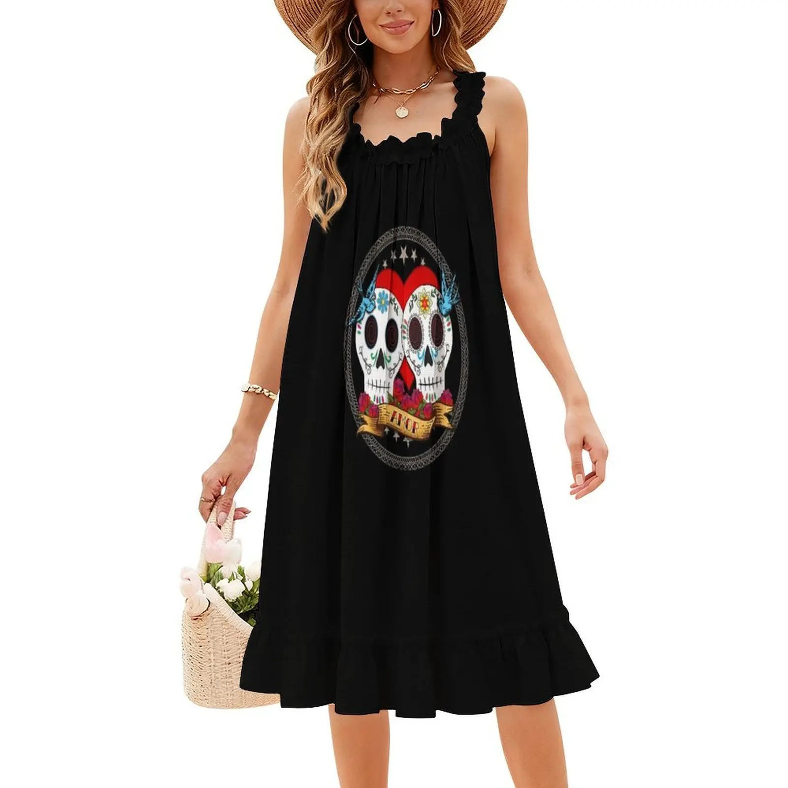 الحب الجماجم فستان بفتحة عنق على شكل قلب أنيق الصيف فستان الحفلات للنساء يوم الموتى ضياء دي لوس Muertos فستان المرأة #4