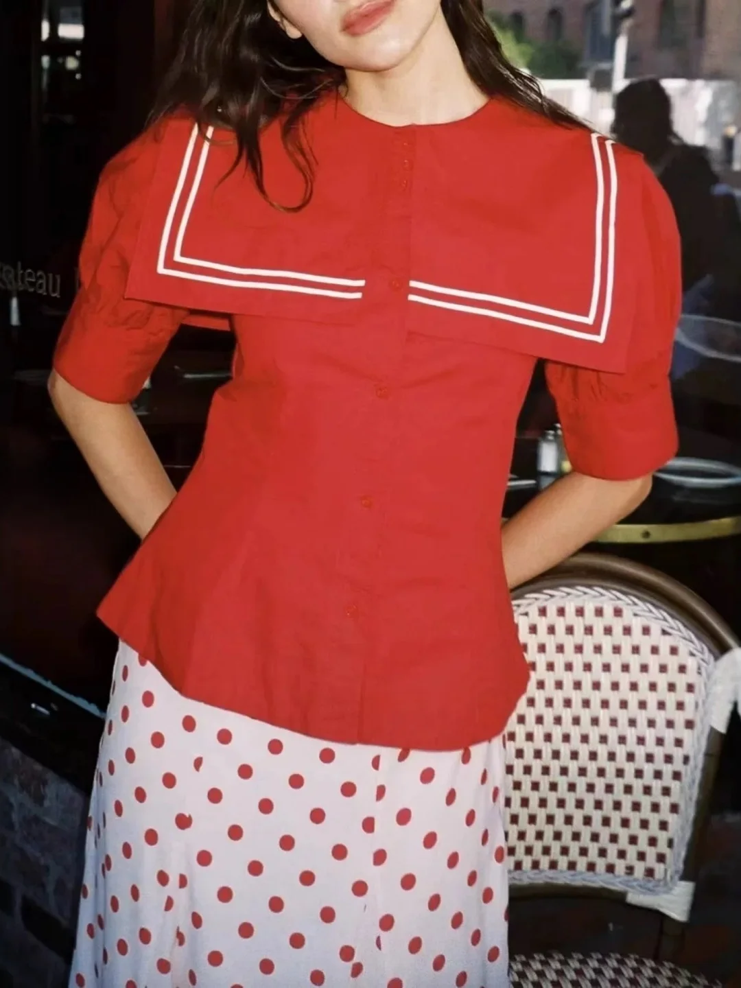 

Spring 2026 Slim Fit Fashionable Red Sailor Collar Striped Short Sleeve Women's Shirt Waist Cinching Slimming Trendy Top