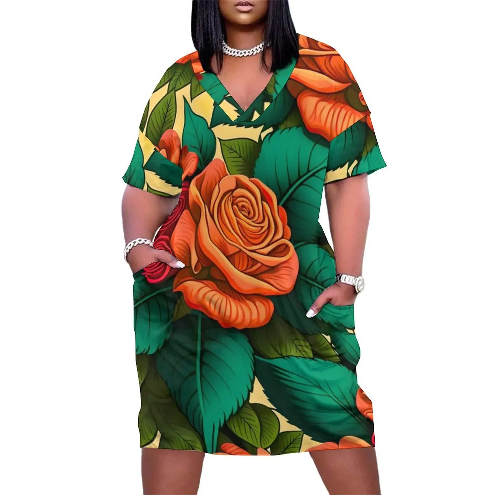 Floral Print Dress V Neck Red Rosses Modern Dresses Female Street Fashion Design Casual Dress With Pockets Plus Size 5XL