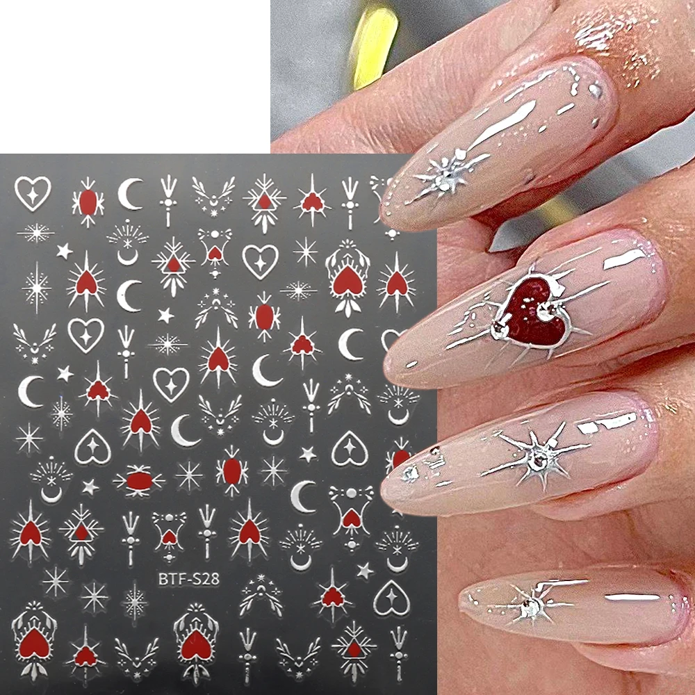 Holographic Heart Nail Stickers Chrome Gold Silver Moon Stars Nail Decals Korean Style Sliders Y2K Manicure Decoration NTBTF-S28