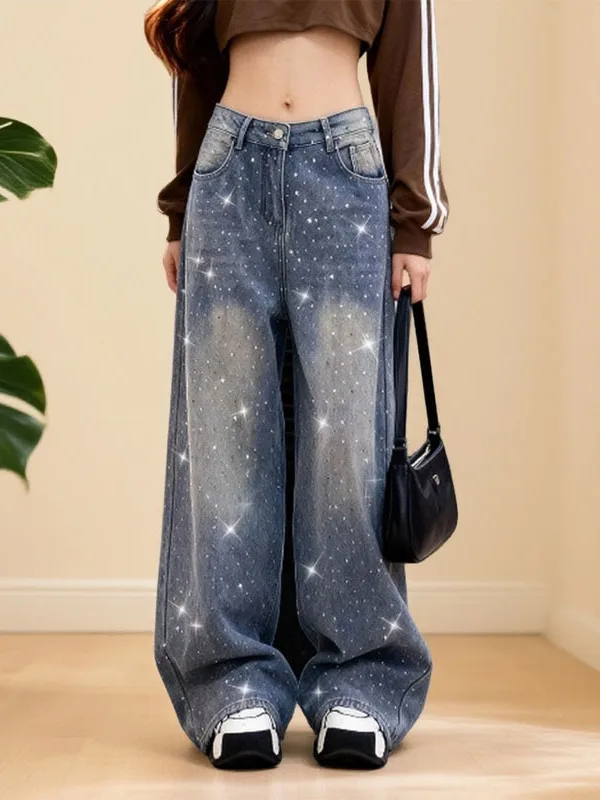 

Heavy Duty Glitter Denim Wide Leg Jeans Women's Loose Fit High Waist Straight Cut Long Trousers Fashionable Commute Style