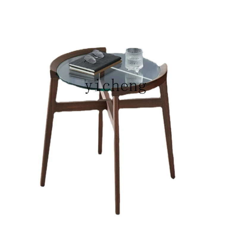 Zk North America Black Walnut Solid Wood Glass round Coffee Table Modern Minimalist Living Room Small Apartment