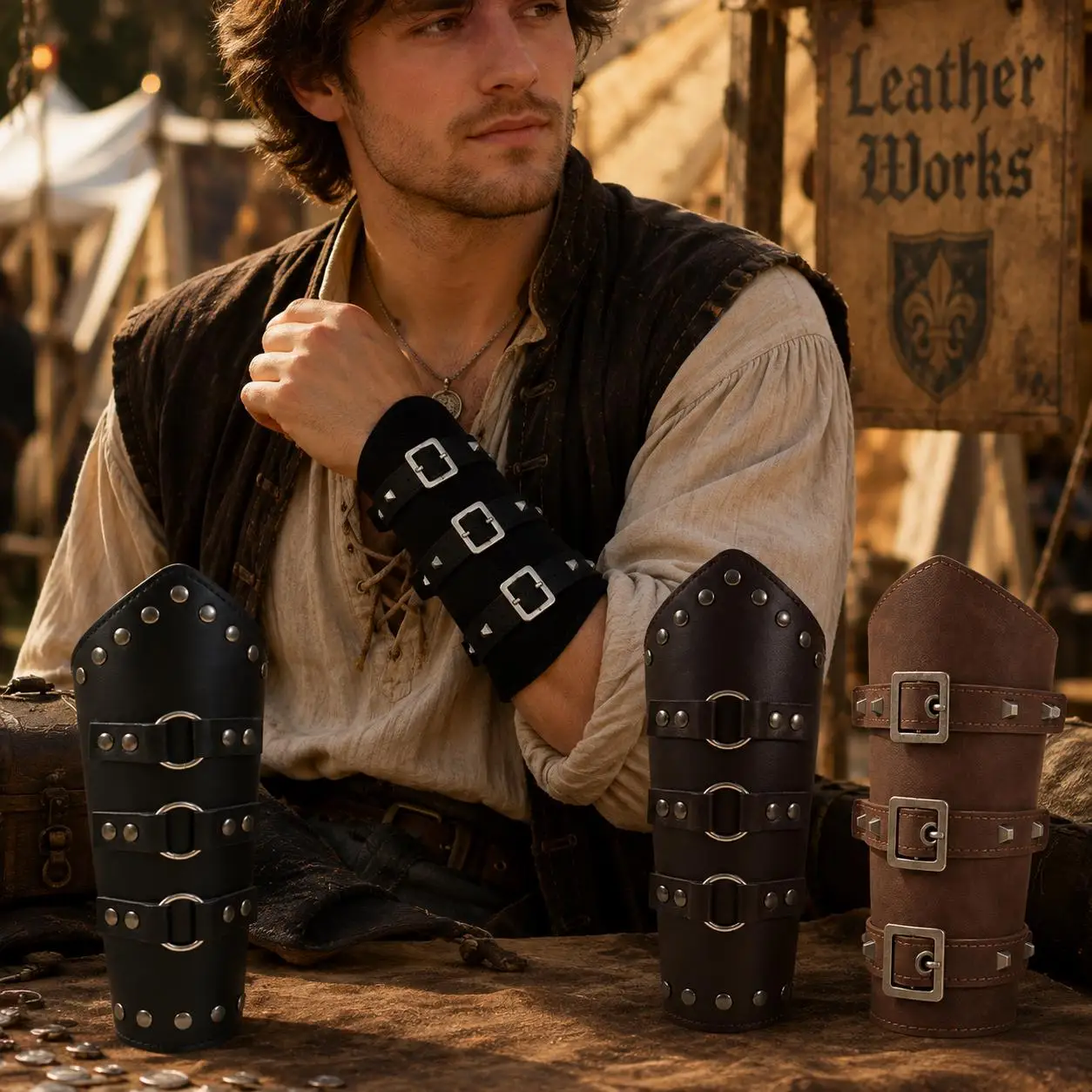 Medieval Viking PU Leather Bracers, Riveted LARP Arm Armor Cuffs, Halloween/Renaissance Fair Warrior Costume Wrist Guards