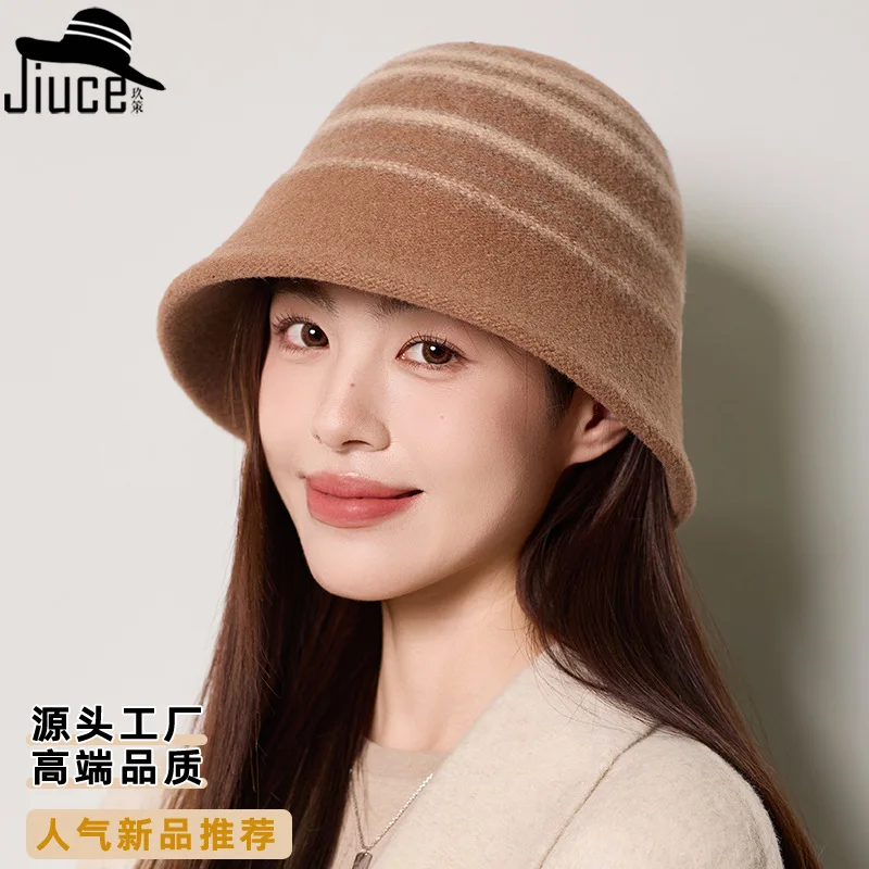 

Striped Bucket Hat Women Autumn Winter Fashion high-end Fisherman Hat Small Elegant Features Versatile Basin Hat 4m702