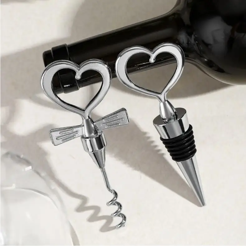 100pcs(50sets)/lot Heart Shape combination Couple wine bottle opener corkscrew and Stopper Set Wedding Souvenirs for guest ni64