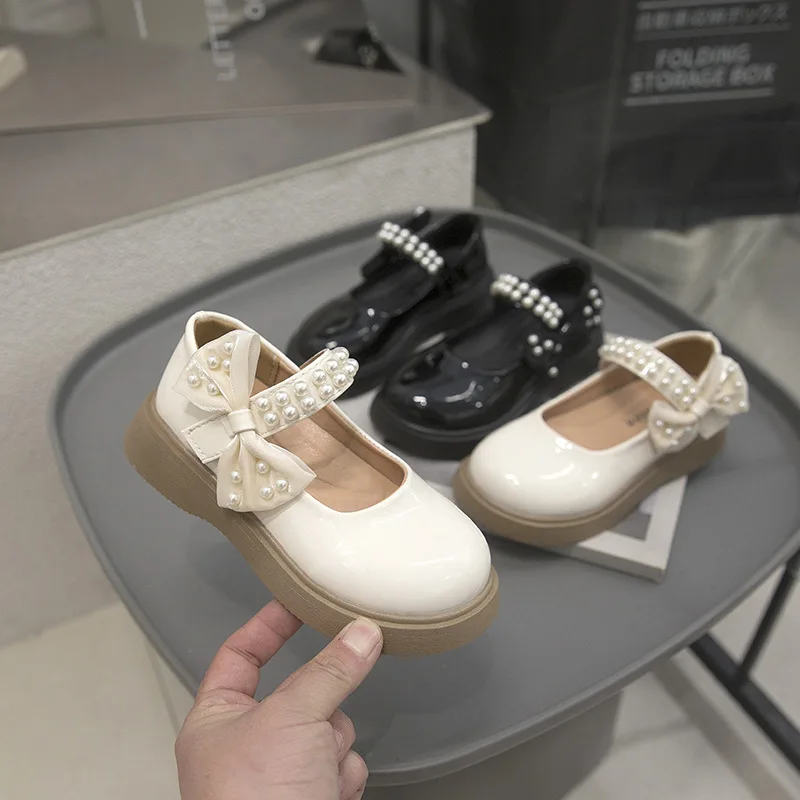 

Girls Pearl Bow Princess Shoes British Style Solid Color Platform Shoes Spring Autumn Children Foreign Fashion Leather Shoes