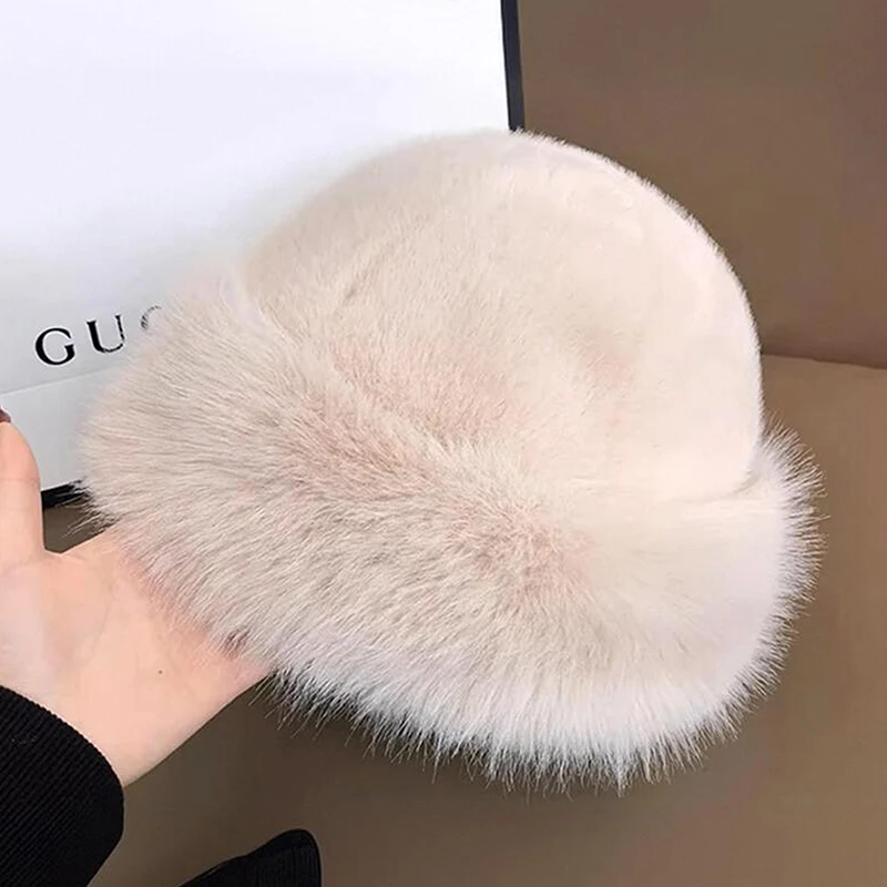 Flauschige Fischermütze aus Kunstfell für Damen, luxuriöser Plüsch-Fischerhut, warme Wintermütze, verdickt, kalter, verschneiter Tag, Panama-Kappe