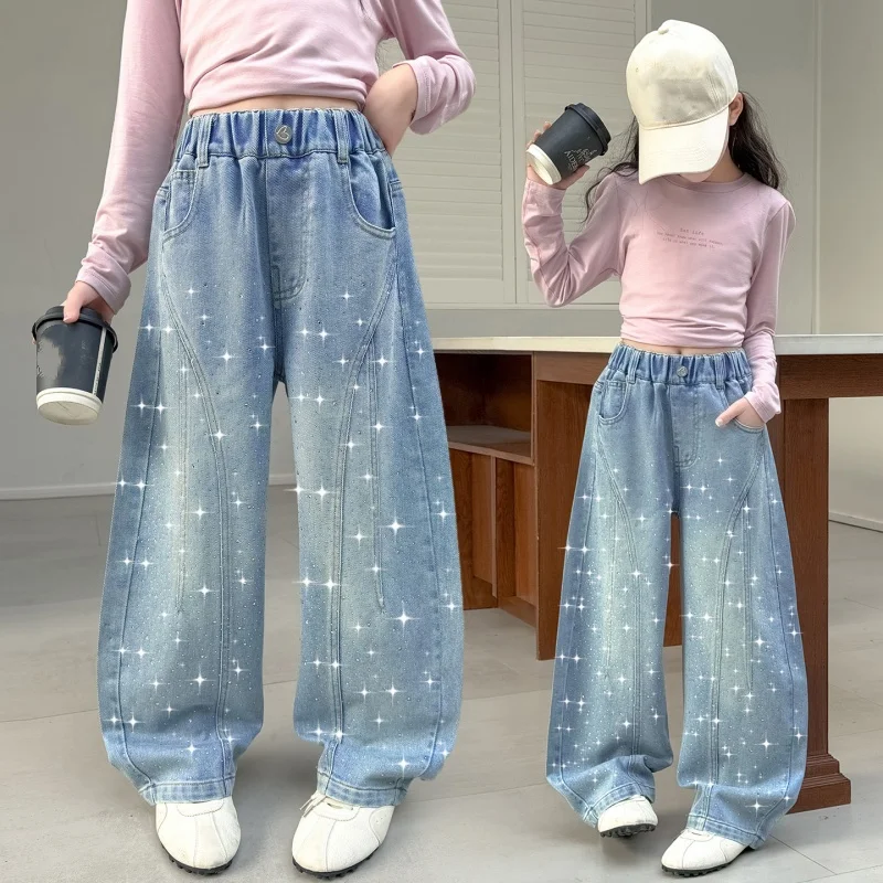 Girls Rhinestone Barrel Jeans, Front Curved Splicing Soft Stone Wash Denim Pants, Teen Girl Y2K Wide Leg Banana Trousers Hot