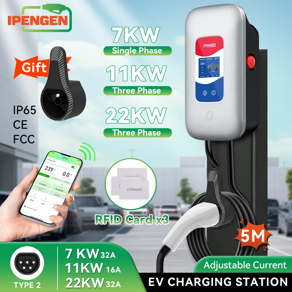 IPENGEN Type2 EV Charger 32A 7KW Electric Vehicle Car Charger EVSE Wallbox 11KW 22KW 3Phase IEC62196-2 5M Cable With APP Control