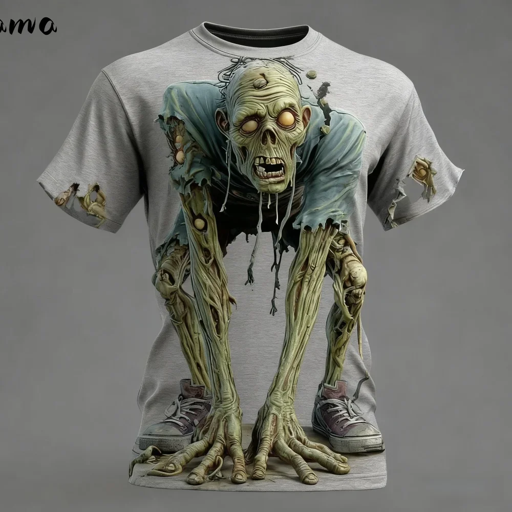 Men's 3D Break Out Zombie Printed T-shirt with Horror Crack Hole Pattern Short Sleeve T-shirt Halloween Punk Casual Street Top