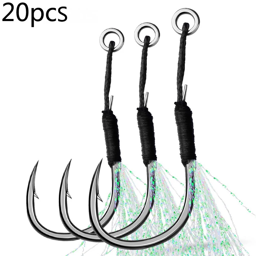 20pcs/lot Metal Jig Assist Hook With PE Line Feather Solid Ring Jigging Spoon Saltwater Fishhook Set for 10-60g Lure
