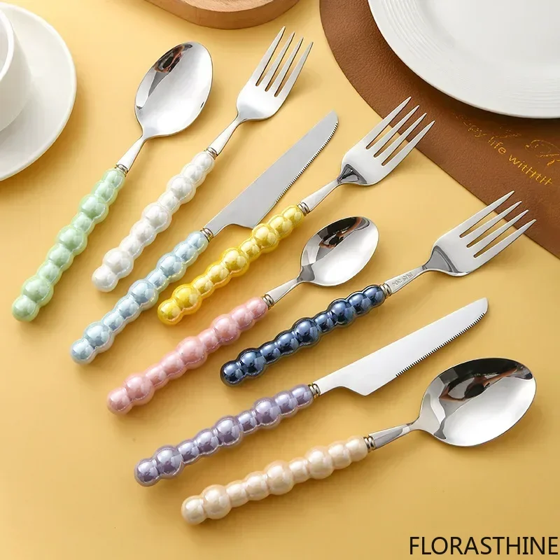 4Pcs Luxury Dinnerware Set Ceramic Pearl Handle Stainless Steel Spoon and Set Fork Western Silver Cutlery High-looking Tableware