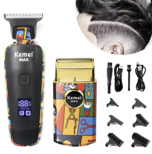 

Мужская электробритва Kemei KM-MAX5090/RS7098, мощный индукционный двигатель, перезаряжаемая, с граффити-дизайном, электрическая машинка для стрижки волос