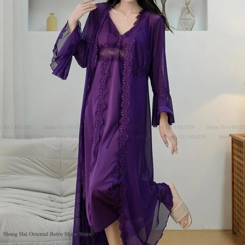 女性ロング Twinset ローブセットドレスセクシーなパッチワークレースサスペンダーネグリジェ親密なランジェリー新しいアイスシルクパジャマホームウェア