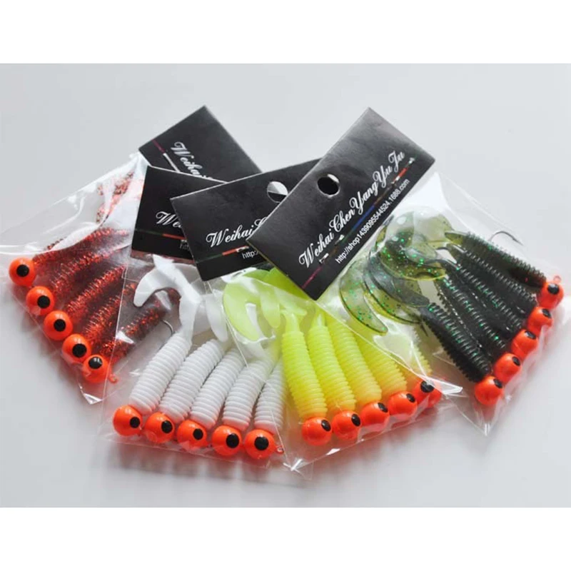 1 set 5pc jig hook 5g 6cm soft tail lure bait worm maggot silica fishing tackle grub bait for fishing perch tackle Silicone bait