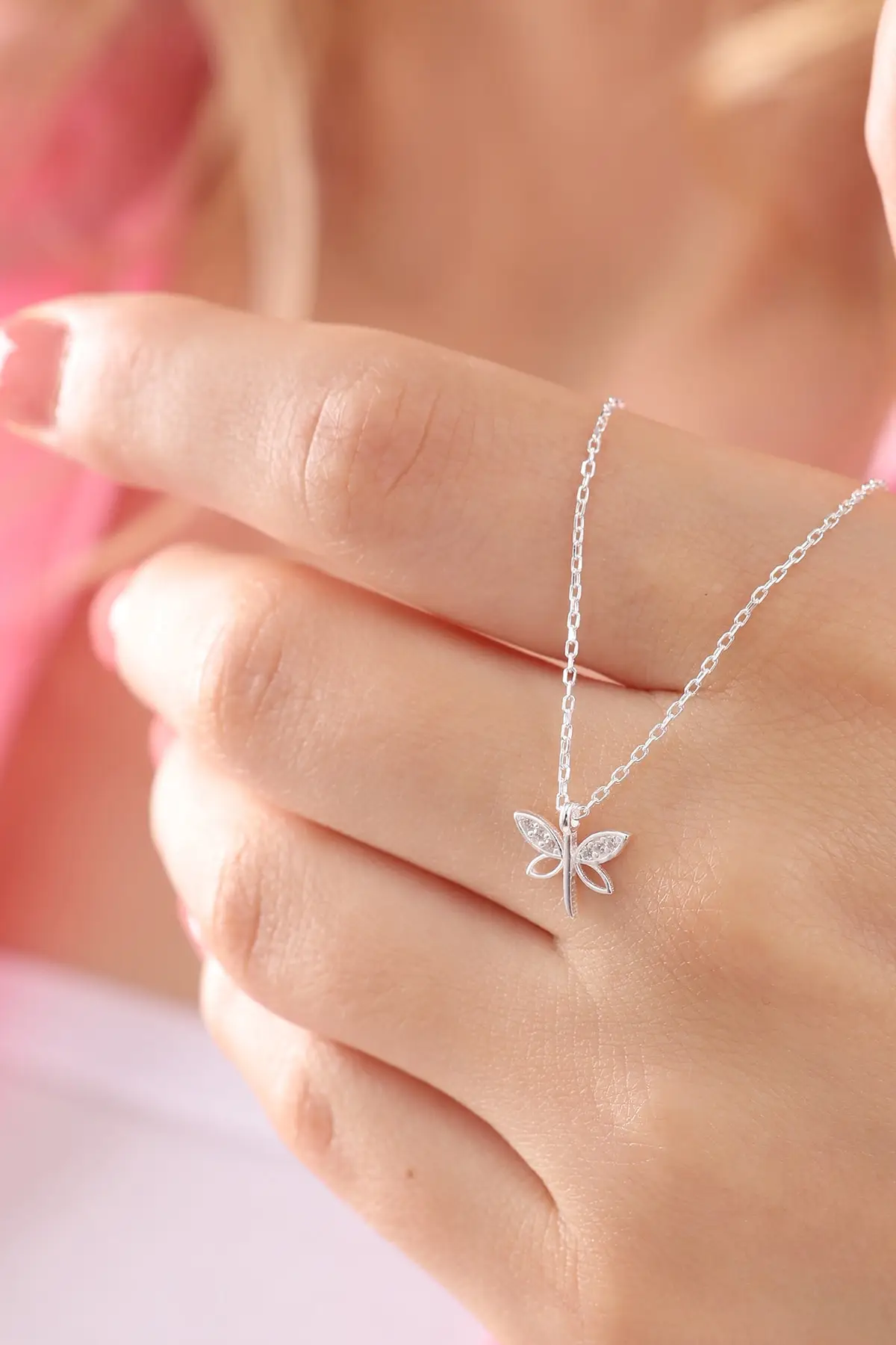 

Women's 925 Sterling Silver Chain Minimal Dragonfly Necklace with White Zircon Stone