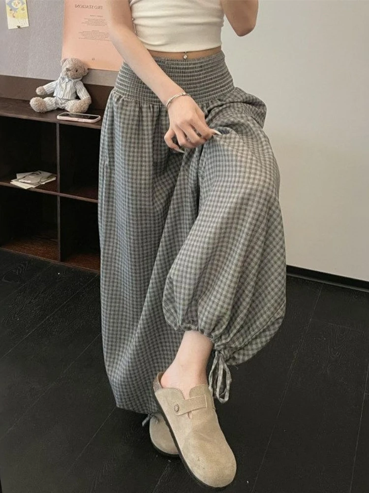 2026 Autumn Korean Style Pink Plaid Women Wide Leg Pants High Waist Loose Figure Flattering Icy Silk Harem Lantern Trousers