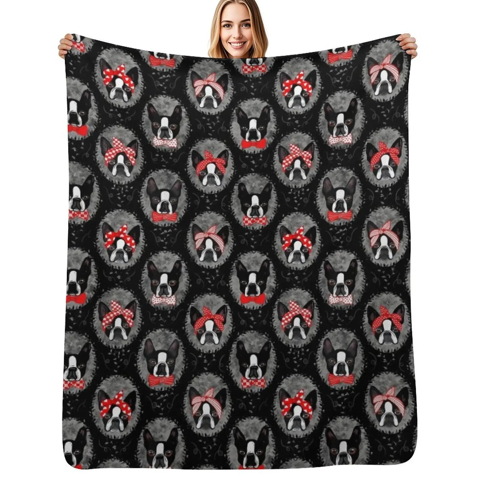 Fancy Rockabilly Boston Terriers Throw Blanket Summer Hair Hairys Beach Travel Blankets