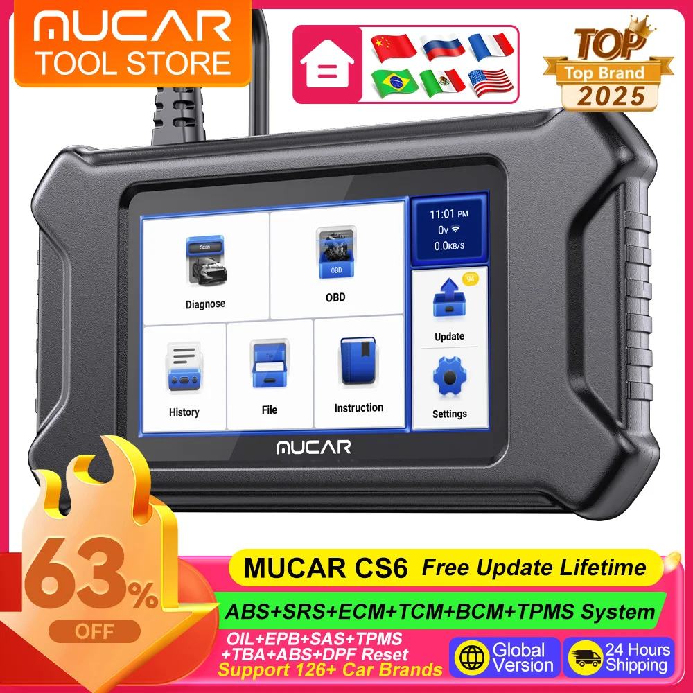 MUCAR CS6 OBD2 Scanner 6 System Diagnostic Tools Oil/EPB/SAS/ETS/TPMS/ABS/DPF Reset Car Code Reader Diagnosis Automotive Tools