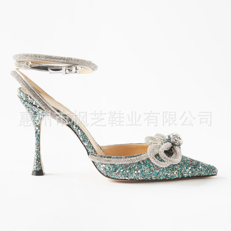 

Women Pumps Office Career Summer Sequined Cloth 8CM Thin High Heels Pointed Toe Buckle Strap Butterfly-knot Solid Woman Shoes