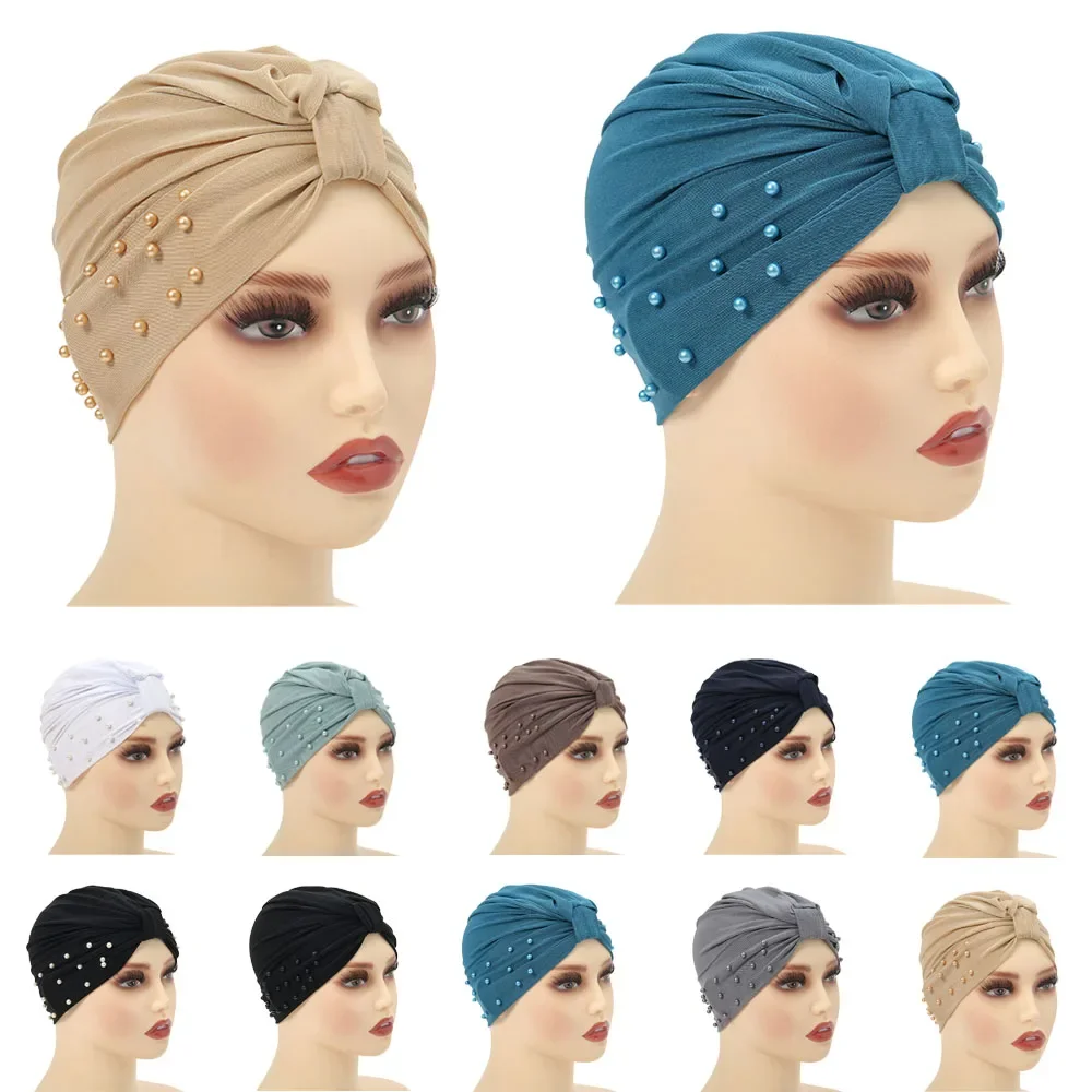 Indian Beaded Turban Knot Beanie Women Cancer Chemo Cap Muslim Inner Hat Islamic Hair Loss Headscarf Bonnet Stretch Underscarf