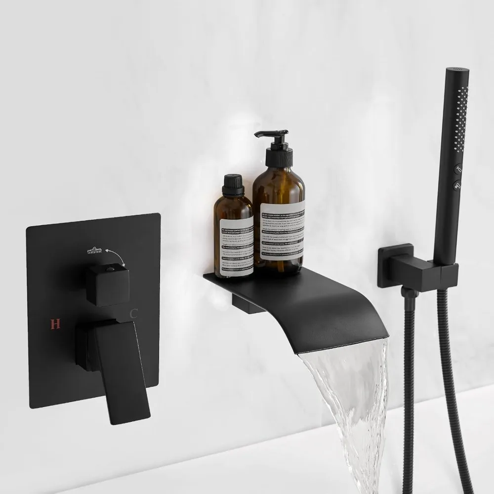 

Matte Black Modern Wall-Mounted Bathtub Faucet with Waterfall and Handheld Sprayer, 2-in-1 Functionality for Bathroom Tub Fillin