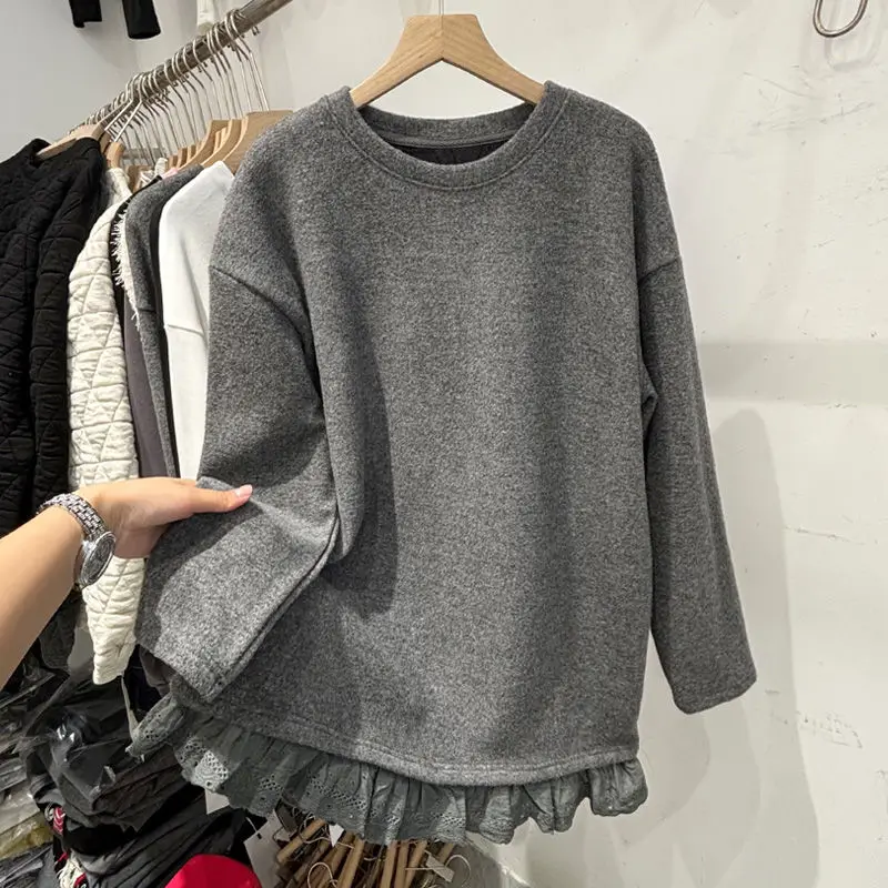 

Autumn Casual Women Clothing Lace Patchwork Solid Color O-neck Long Sleeve T-Shirts Femme Trend Net Yarn Top Tee Femme Tshirt