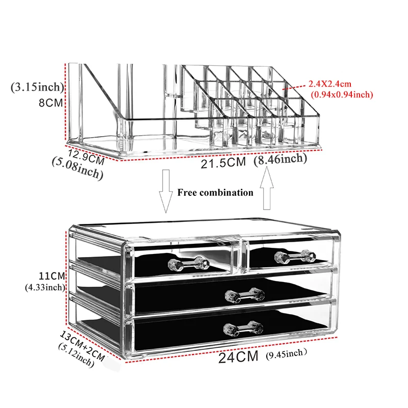 Acrylic Transparent Makeup Drawer Organizer Desktop Cosmetic Storage Box Lipstick Jewelry Make Up Brush Holder Storage Cases