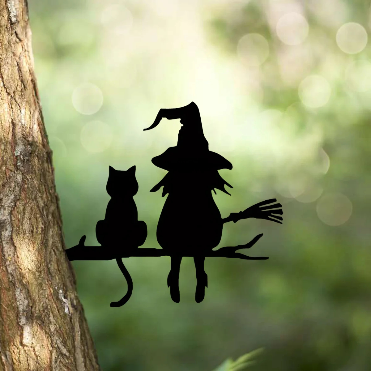 Iron Silhouette Cute Witch and Cat Garden Stake Yard Art Decor for Garden Lawn Courtyard, Tree Stump Plug-in