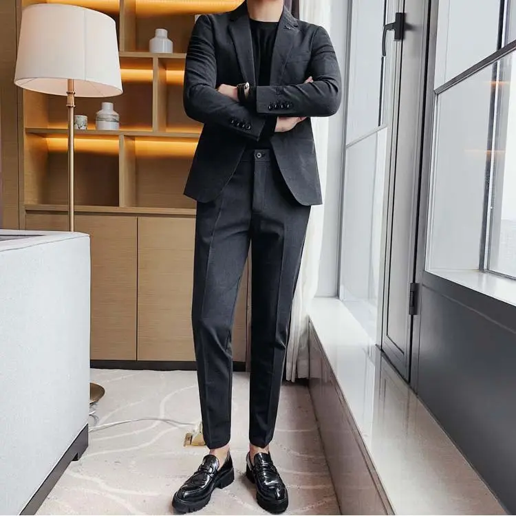 

British Style Men's 2 Piece Set Suit Trendy Fashion Casual Version Formal Slim Fit Black Suit Wedding Groom Business Prom