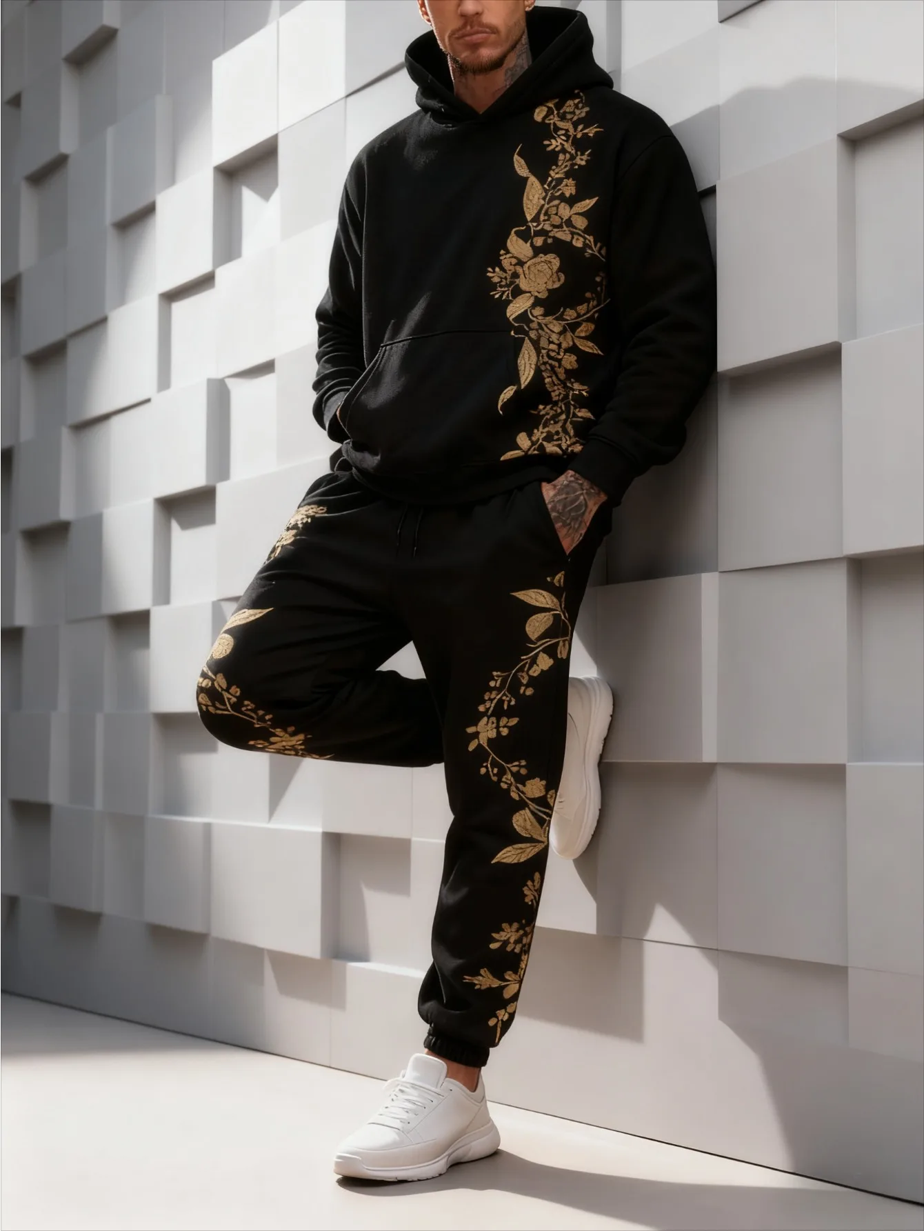 طقم بغطاء للرأس عصري مطبوع رقميًا للرجال مكون من قطعتين