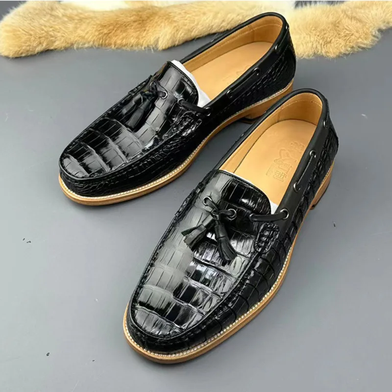 New Autumn Winter British Crocodile High-end Casual Leather Suede Round Toe Bean Shoes Comfortable Business Casual Leather Shoes