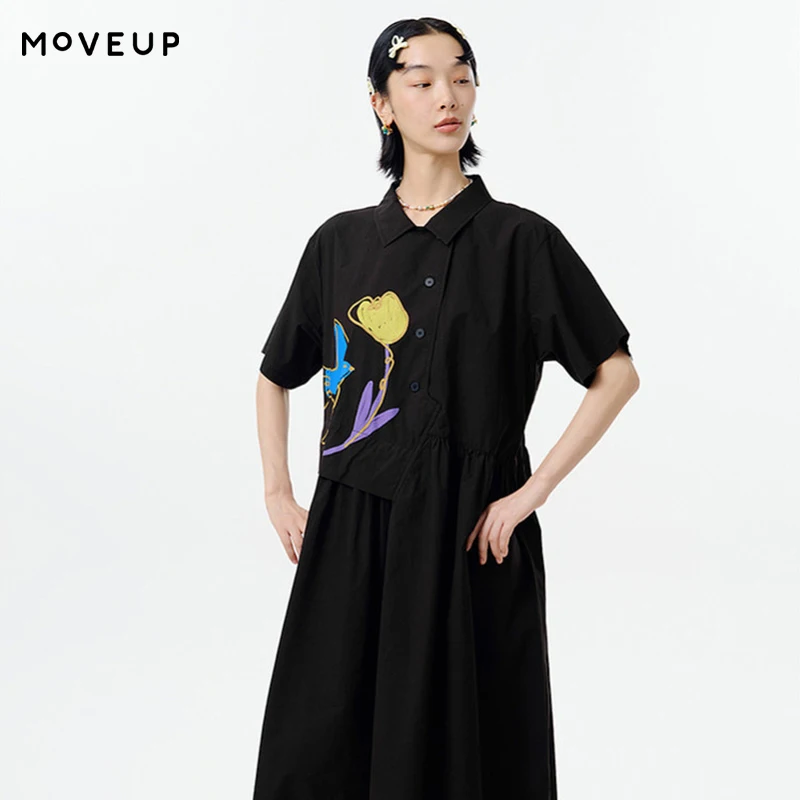 

Платье-поло MOVEUP с короткими рукавами, весна 2026, новинка, с мультяшным принтом птиц и цветов, из чистого хлопка, А-силуэт, для женщин, 325121320