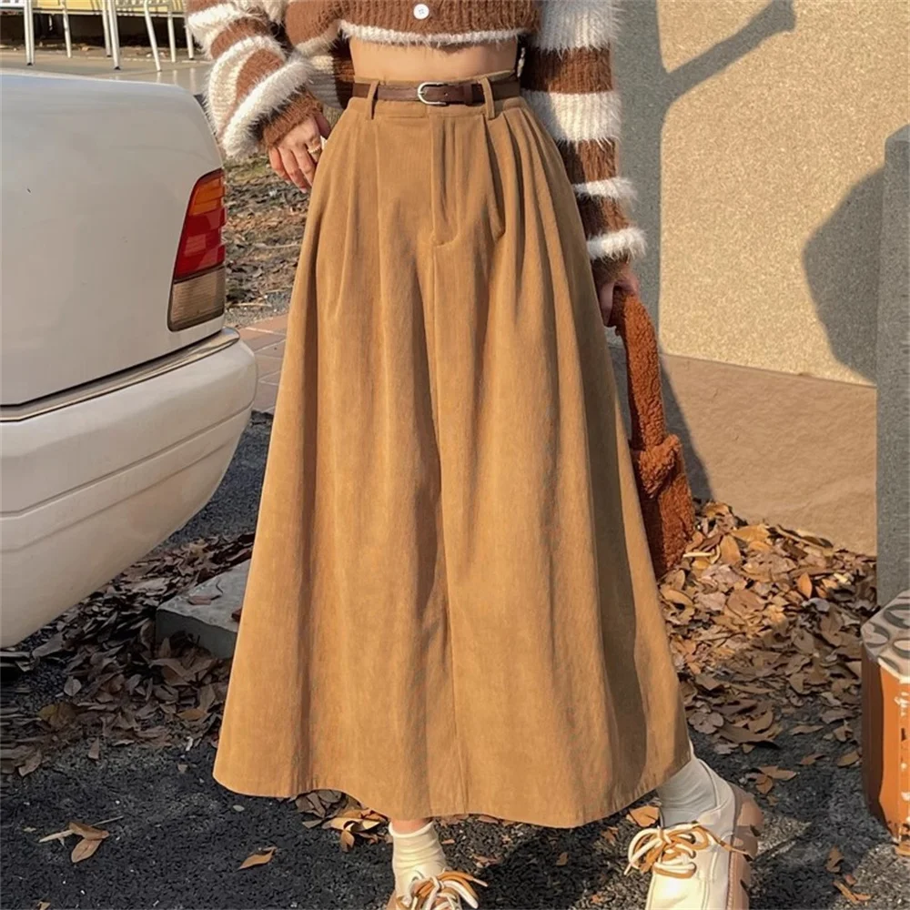Autumn Winter High-Waisted Corduroy Long Skirt Ladies College Style Pleated A-Line Skirts Korean Women's Black Skirt