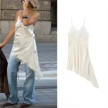 Cami Tops Black Lace V Neck Patchwork Sleeveless Y2K Style for Women - Long Beige Top