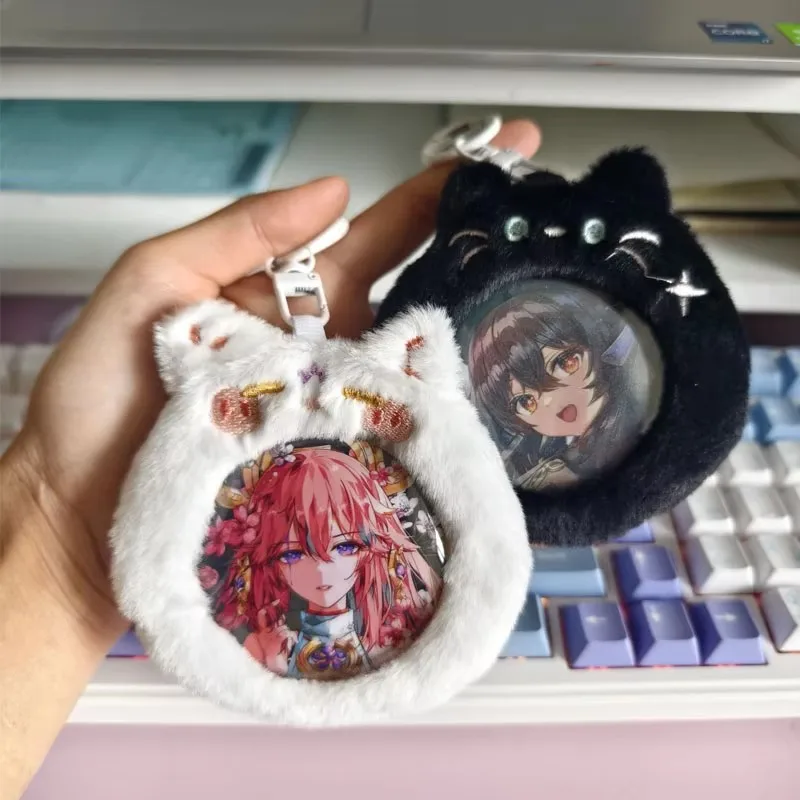 Kawaii Plush Cat Badge Holder Ita Bag Accessory Cute Cartoon Brooch Display Pouch Keychain for 58mm Badge Anime Collectible Gift