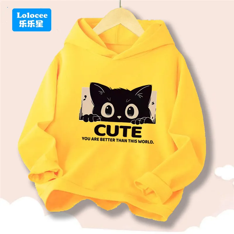 Cute Cartoon Kitten Little Black Cat Print Boy Girl Hooded Sweatshirt Spring Autumn Loose Long Sleeve Outdoor Tops MKA1