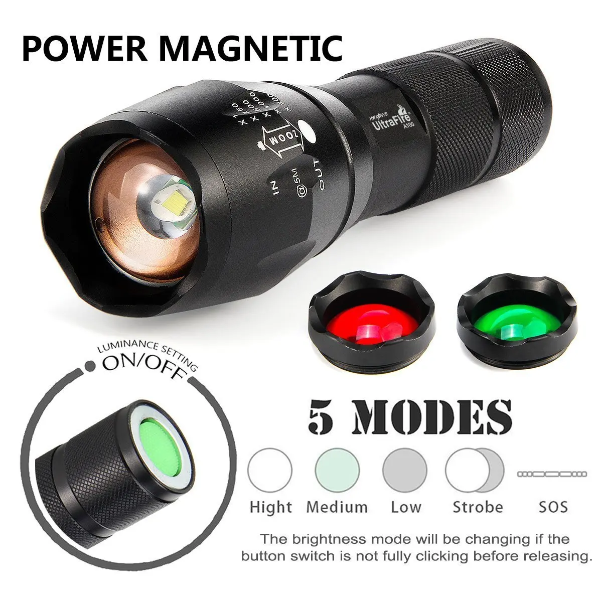 UltraFire A100 Ultra Bright Zoomable Tri-Color Flashlight Green/Red/White Light Waterproof 5 Lighting Mode Camping Hunting Torch