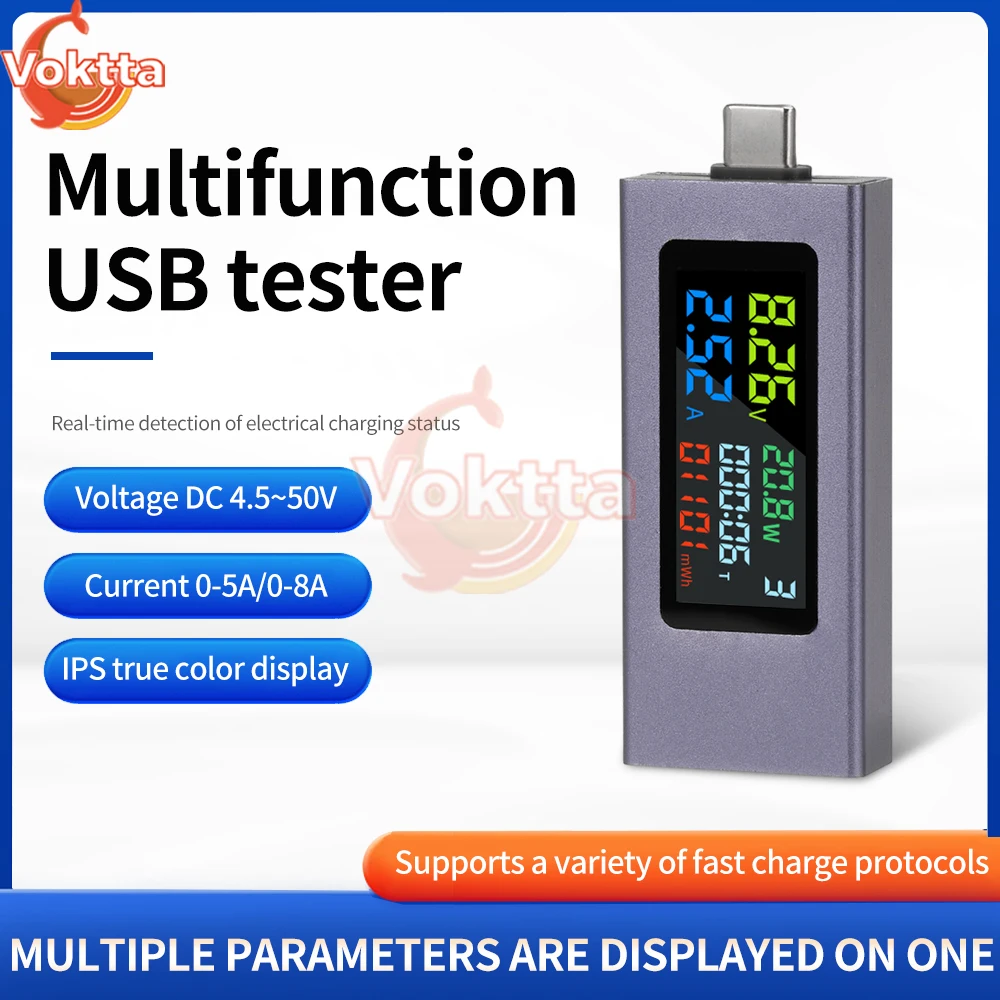 DC 4.5-50V 0-8A Type-C USB Tester Digital Voltmeter Amperimetro Voltage Current Meter Power Bank Charger Capacity Test Indicator