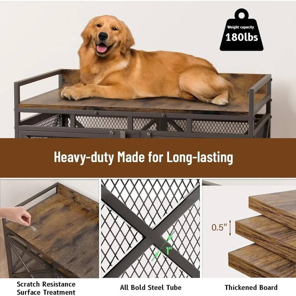 Large Dog Crate Furniture, 48 Inch Wooden Dog Kennel , Heavy Duty Dogs Furniture Indoor Wire Dog Cage with Adjustable Feet