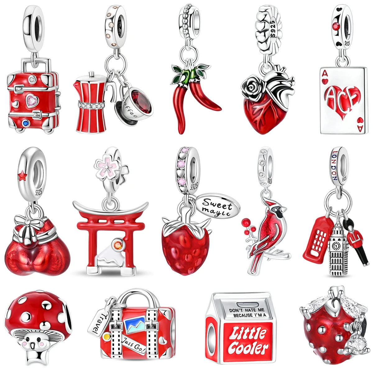 Abalorio de Plata S925 con gemas incrustadas, con motivos de comida, maleta de viaje, café, chile, fresa, y guantes con diseño de punto de referencia de Londres, para pulsera DIY, regalo de joyería